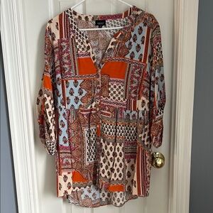 Vibrant Patchwork Blouse with Orange and Blue Accents